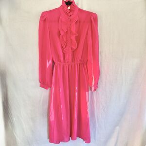 VTG Luci Pellini Dress Size 11/12 Hot pink high neck Victorian 80s 90s ruffles